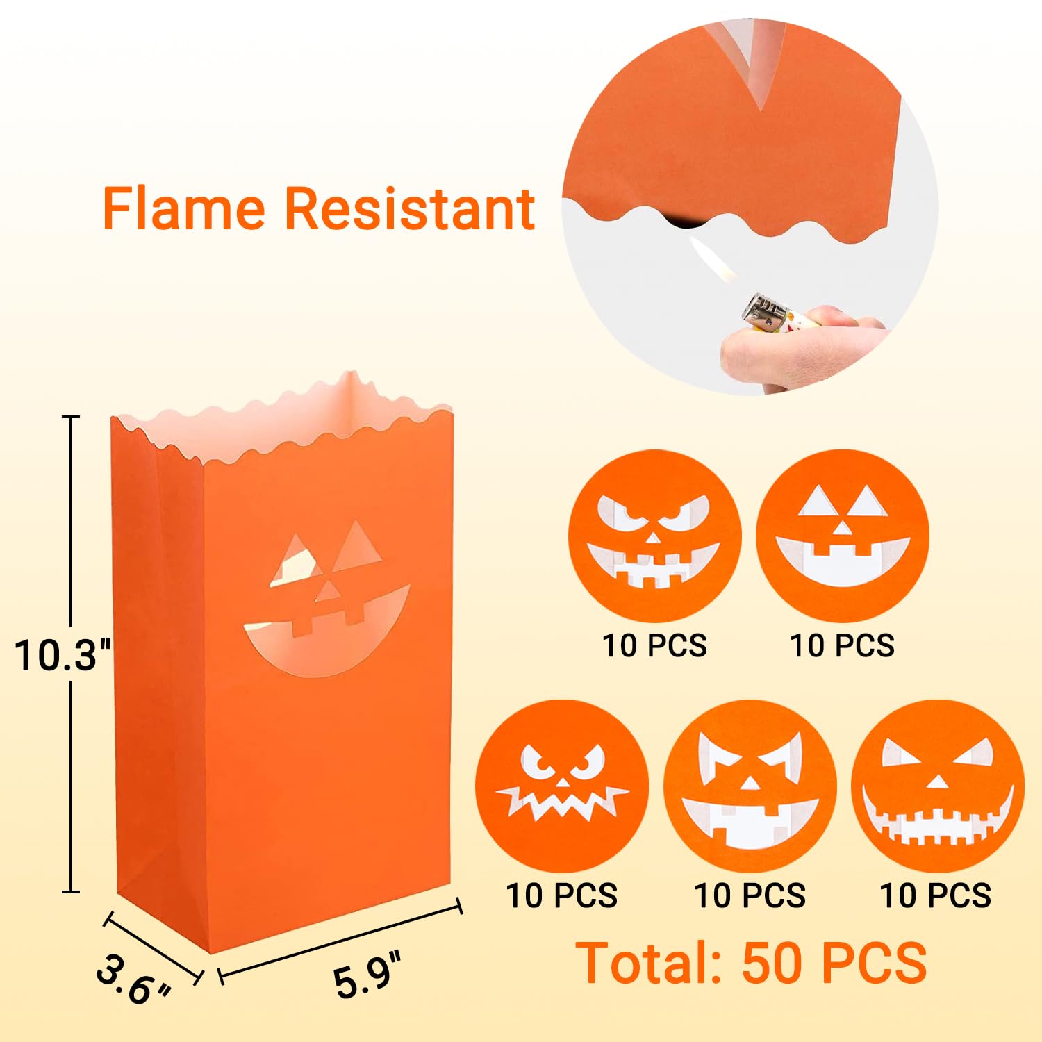 Halloween Pumpkin Luminary Bags – 50 Pack Flame-Resistant Paper Lanterns with 5 Jack-O’-Lantern Designs for Walkways & Parties