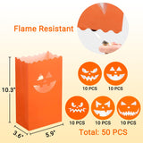 Halloween Pumpkin Luminary Bags – 50 Pack Flame-Resistant Paper Lanterns with 5 Jack-O’-Lantern Designs for Walkways & Parties