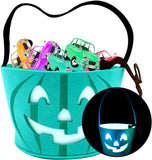 Teal Pumpkin Halloween Trick-or-Treat Bucket with Blue LED Lights – Reusable Felt Candy Bag for Allergy-Friendly Treats