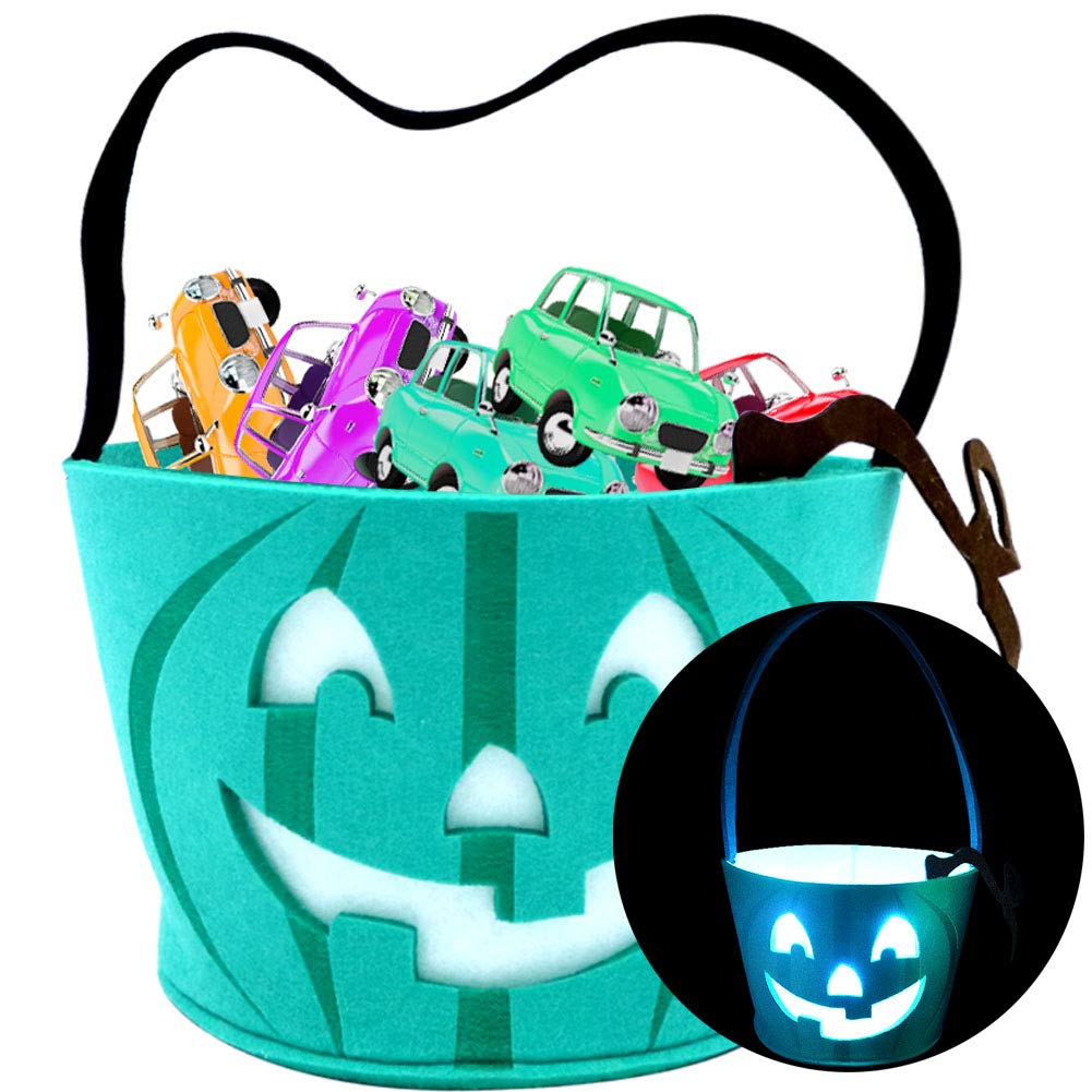 Teal Pumpkin Halloween Trick-or-Treat Bucket with Blue LED Lights – Reusable Felt Candy Bag for Allergy-Friendly Treats