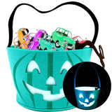 Teal Pumpkin Halloween Trick-or-Treat Bucket with Blue LED Lights – Reusable Felt Candy Bag for Allergy-Friendly Treats
