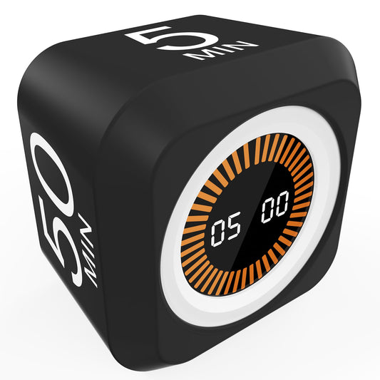 Rotating Visual Pomodoro Timer Cube with LED Ring, Memory Preset & Detachable Silicone Cover, Rechargeable Flip Countdown for Study, Work & Kitchen – Black