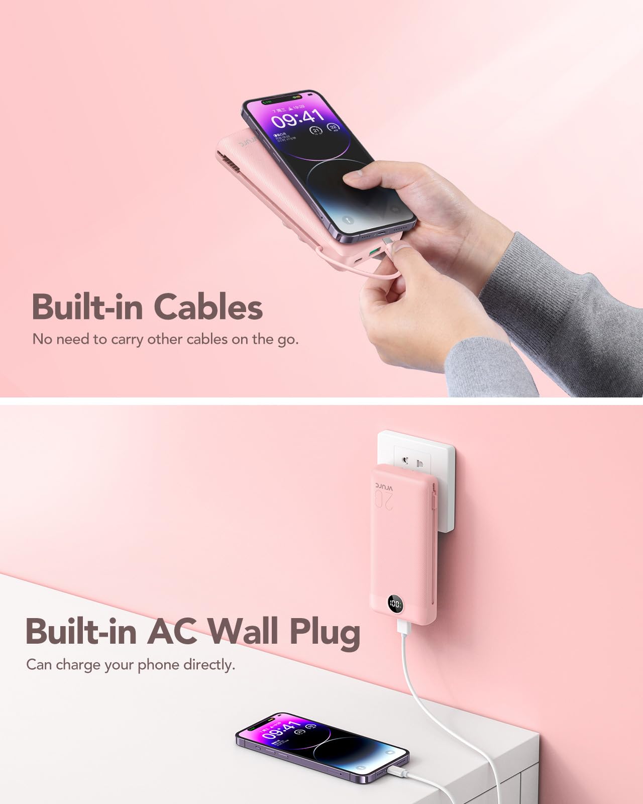 20000mAh Fast Charging Power Bank with Built-In Wall Plug & Cables – 22.5W QC Portable Charger (Pink)