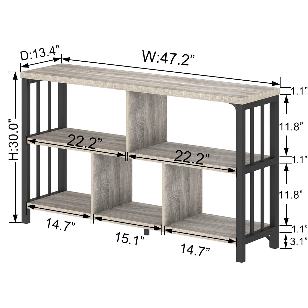 5-Cube Industrial Storage Organizer – Modern Horizontal Bookcase & TV Stand with Metal Frame (Light Grey Oak)