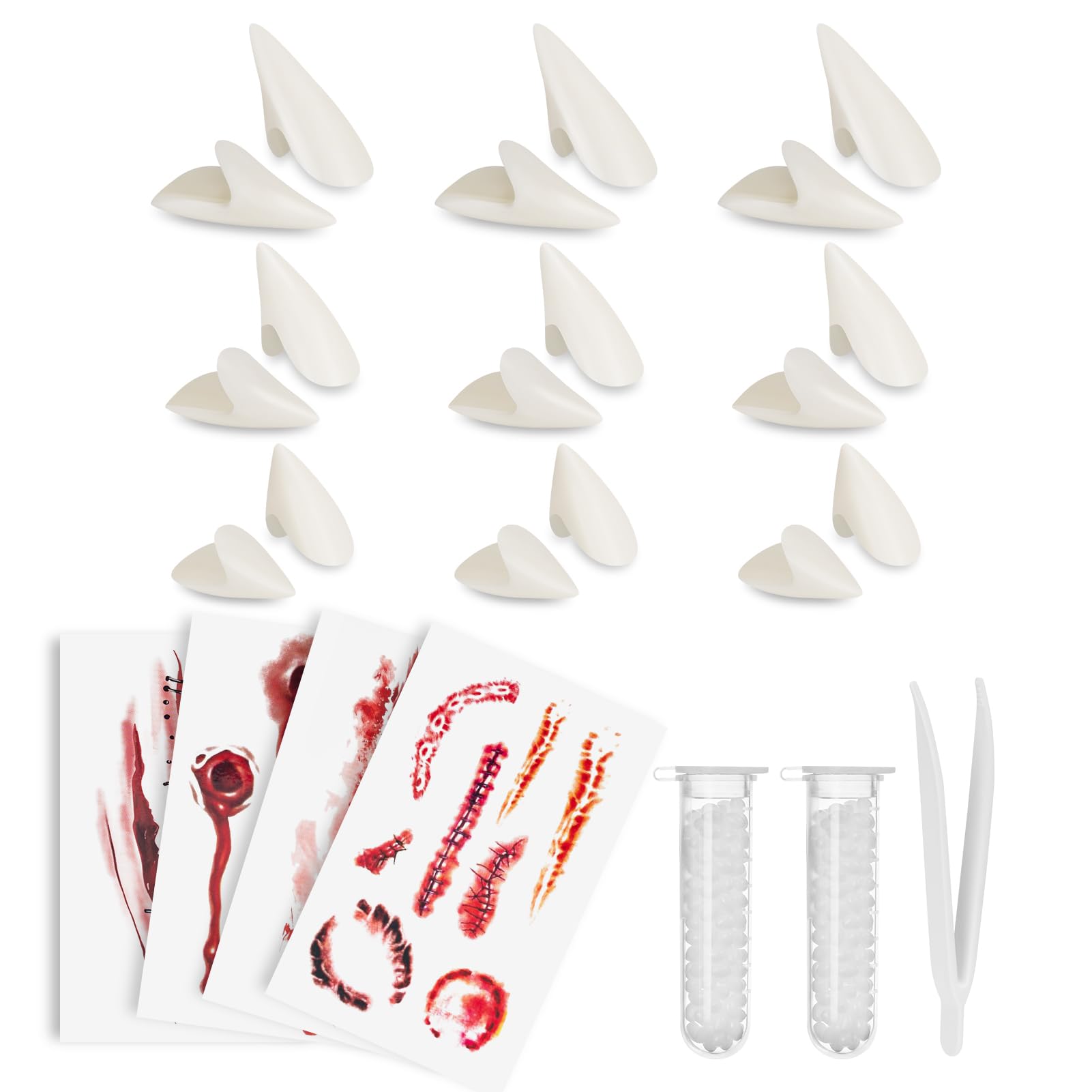 White Vampire Fangs & Scar Stickers Set – 9 Pairs Resin Teeth with Adhesive & 3 Sizes (15mm, 17mm, 19mm)