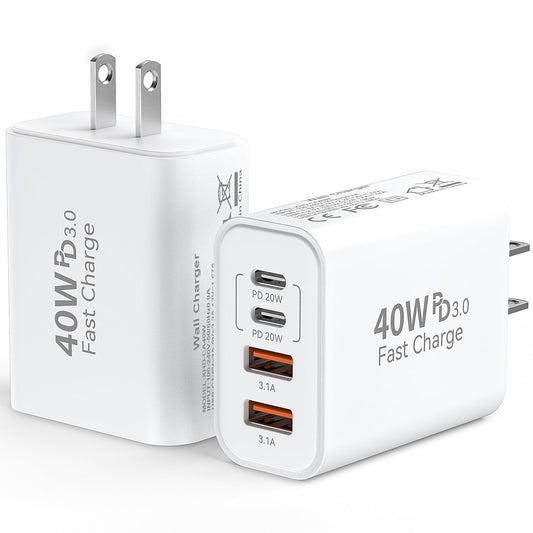 40W 4-Port USB Wall Charger – Fast Charging USB-C & USB-A Power Adapter (2 Pack)