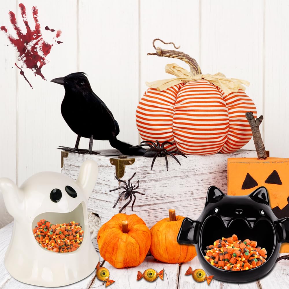 2-Piece Ceramic Halloween Candy Bowl Set – Ghost & Bat Design, White & Black Decorative Candy Dishes