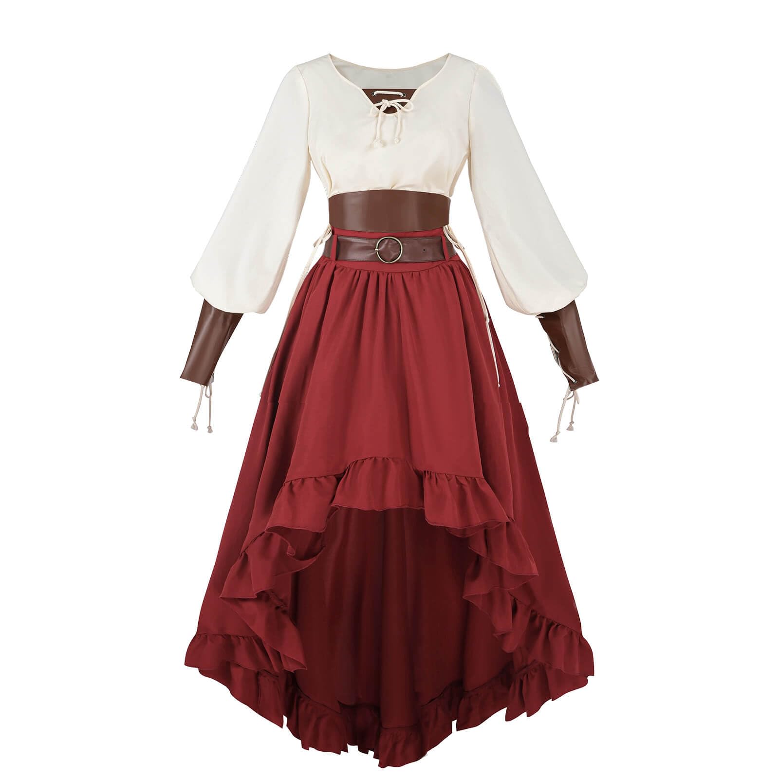 Red Renaissance Pirate Costume Set – 2-Piece Medieval Skirt & Blouse Outfit with Corset and PU Belt