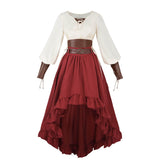Red Renaissance Pirate Costume Set – 2-Piece Medieval Skirt & Blouse Outfit with Corset and PU Belt
