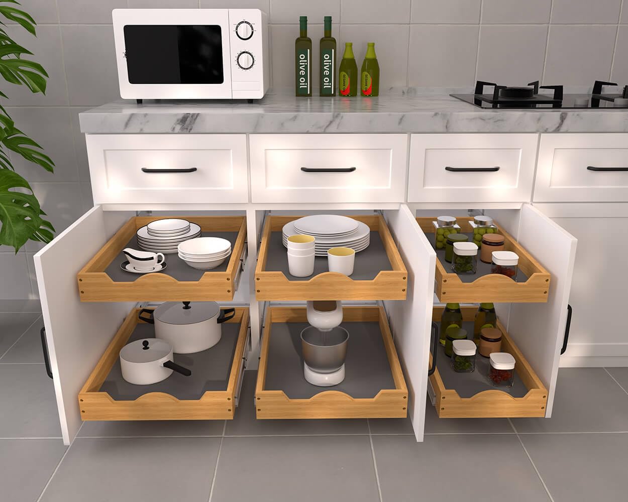 Pull-Out Wooden Cabinet Organizer Shelf – Smooth Slide Drawer System for Kitchen, Pantry & Bathroom (White)