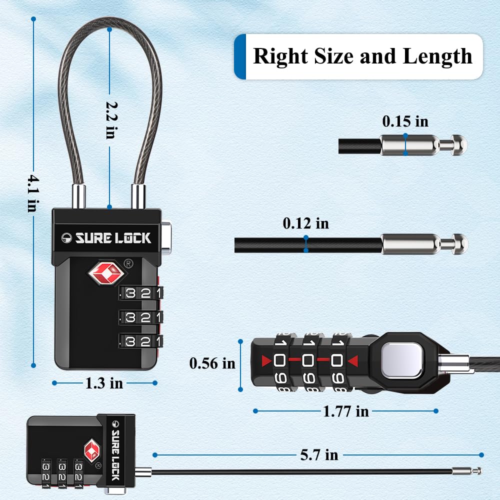 TSA Approved Cable Luggage Locks 2 Pack with Inspection Alert Indicator, 3 Digit Combination Travel Locks for Suitcases & Backpacks