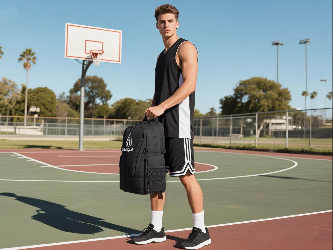 GEMGOAL Basketball Backpack with Ball Holder & Shoe Compartment – Large Sports Gear Bag with Wet/Dry Storage – Black