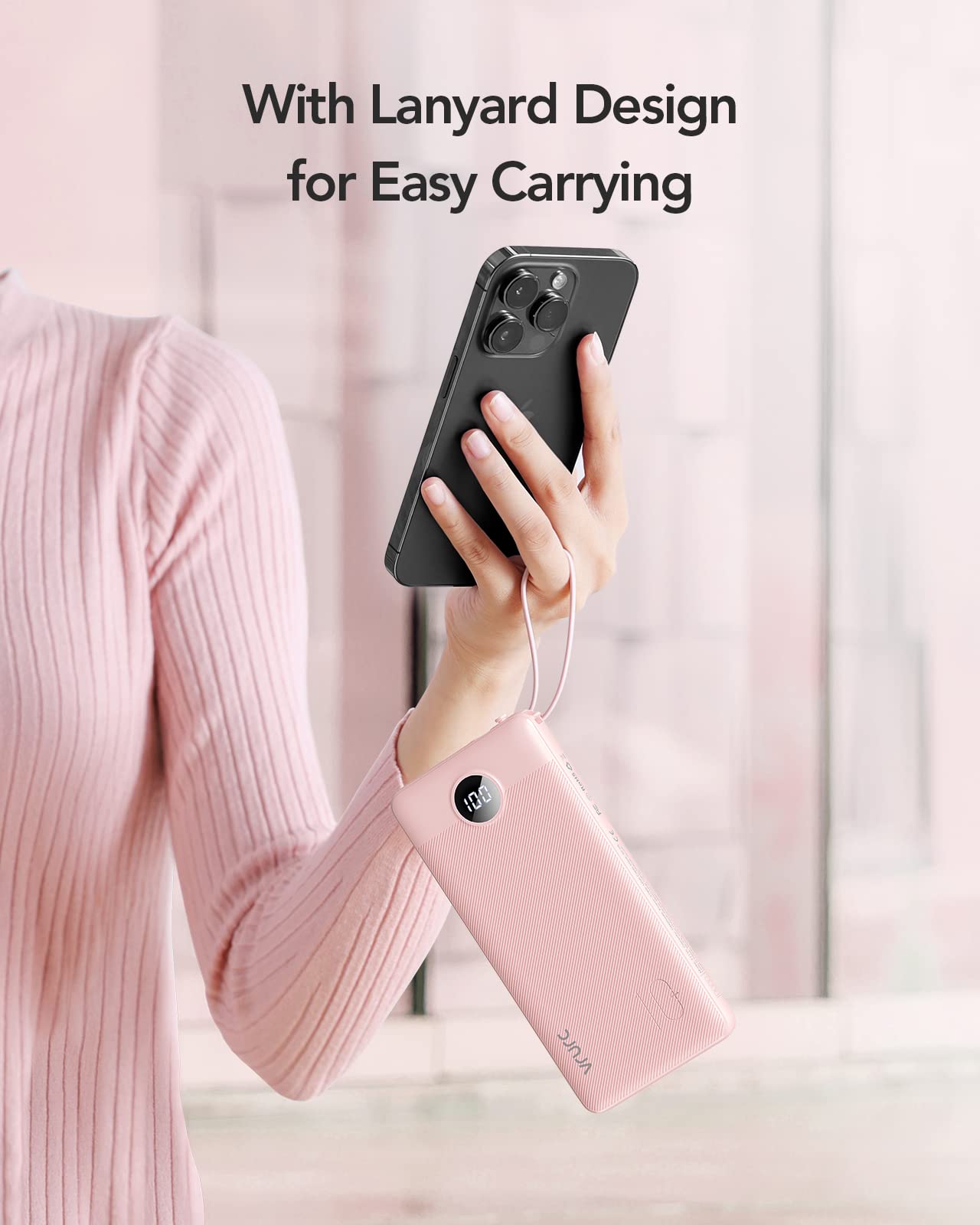 VRURC 10000mAh Portable Power Bank with Built-in Cables, LED Display & Multi-Device Fast Charging – Compact Travel Charger Pink
