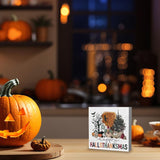 Happy Halloween Wooden Sign – Cute 5x5” Pink Boo Decor with Pumpkin, Bat & Dog Design for Home or Office