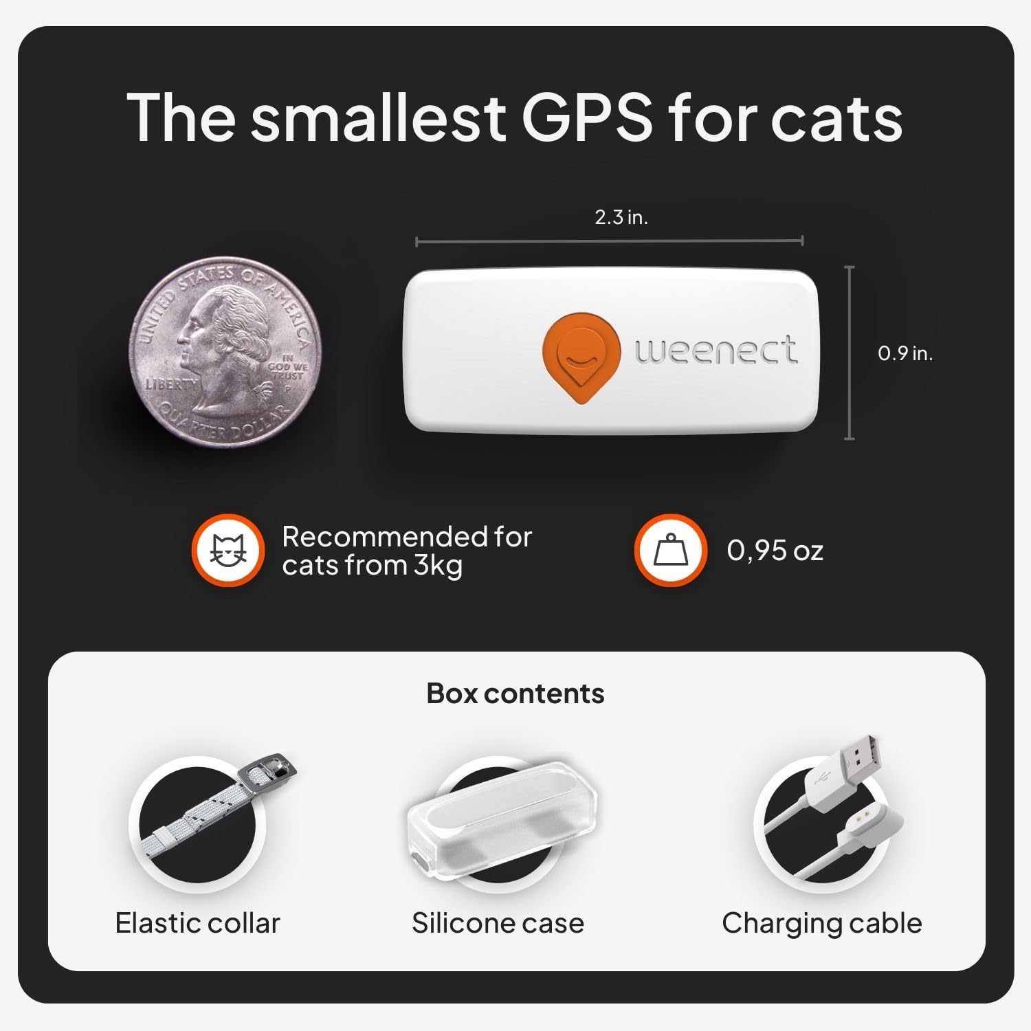 Weenect XS Ultra-Compact GPS Tracker for Cats – Real-Time Global Tracking Device with Flashlight & Secure Collar Attachment (White)