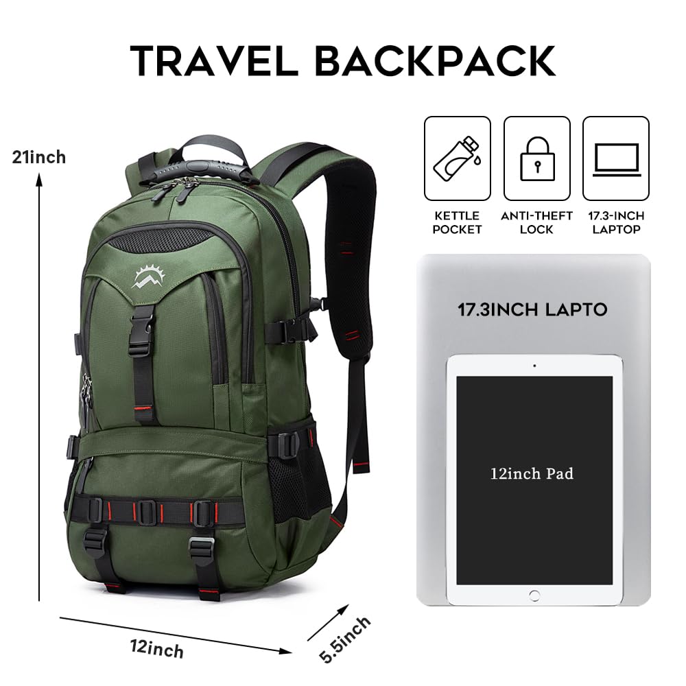 KAKA Flight-Approved Travel Backpack with 17.3” Laptop Compartment – Anti-Theft Carry-On Backpack for Men & Women – Green