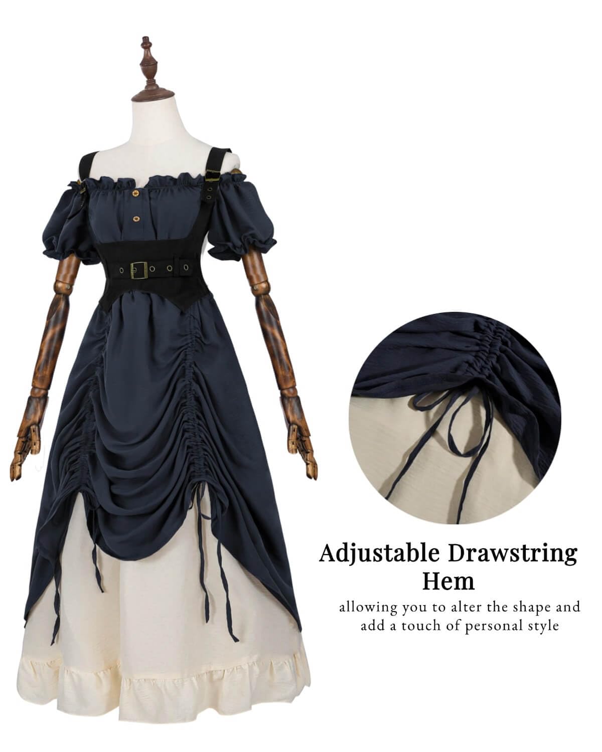 Blue 3-Piece Renaissance Pirate Costume Set – Medieval Steampunk Dress with Corset Vest & High-Low Skirt