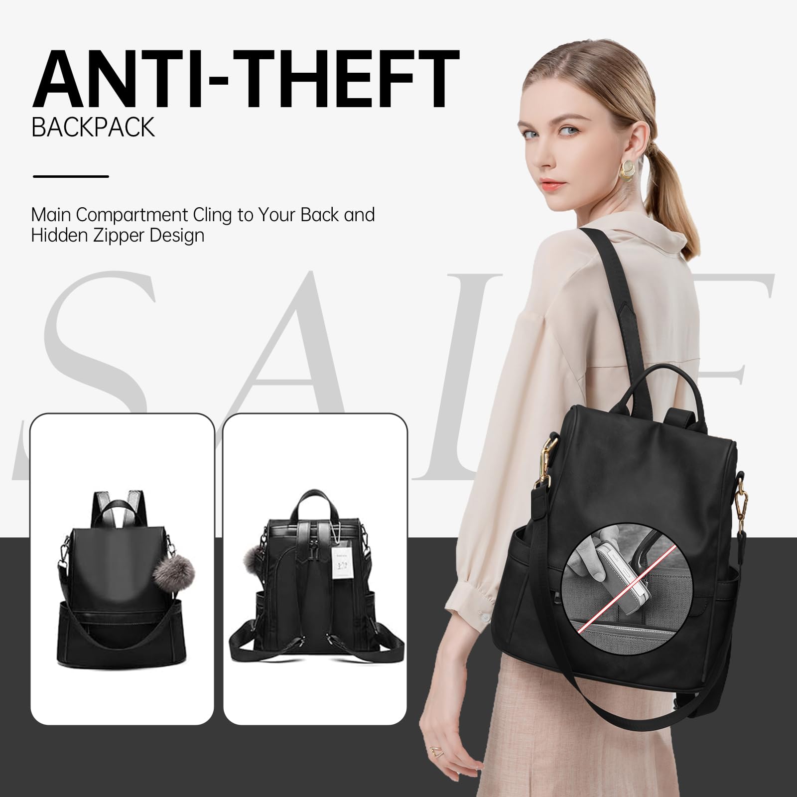 CHERUTY Women’s Anti-Theft Nylon Backpack Purse – Lightweight Fashion Travel Backpack with Rear Zipper Design (Black)