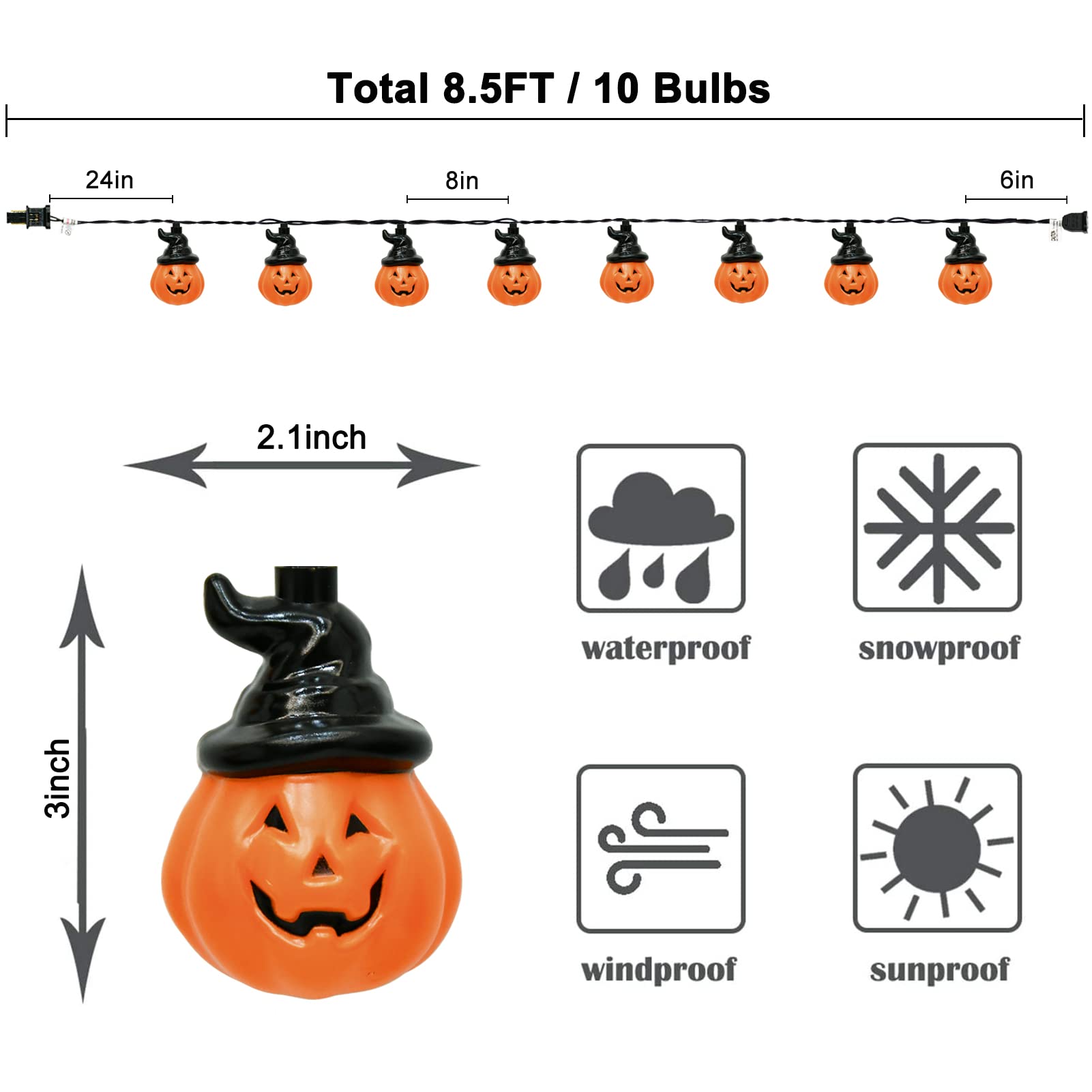 Halloween Pumpkin String Lights with Hats – 8.5Ft 10-Lantern Outdoor Jack-O’-Lantern Light Set, UL Listed Waterproof Decoration