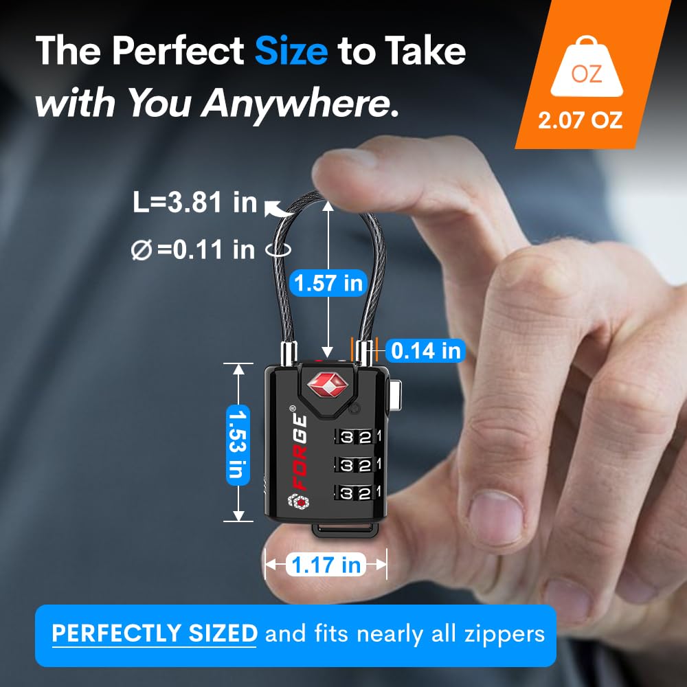 Forge TSA Approved Cable Luggage Locks 4 Pack, Durable 3 Digit Combination Travel Locks for Suitcases, Backpacks & Gym Bags