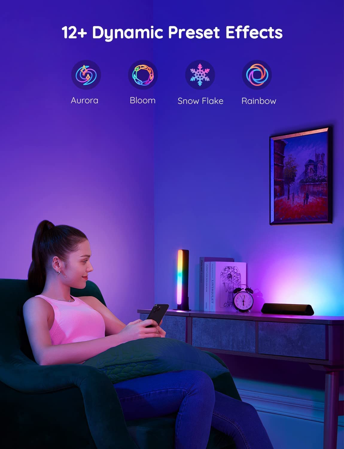 RGBICWW Gaming Light Bars with Music Sync, Alexa Control & App Customization – Black (For Monitors <45”)