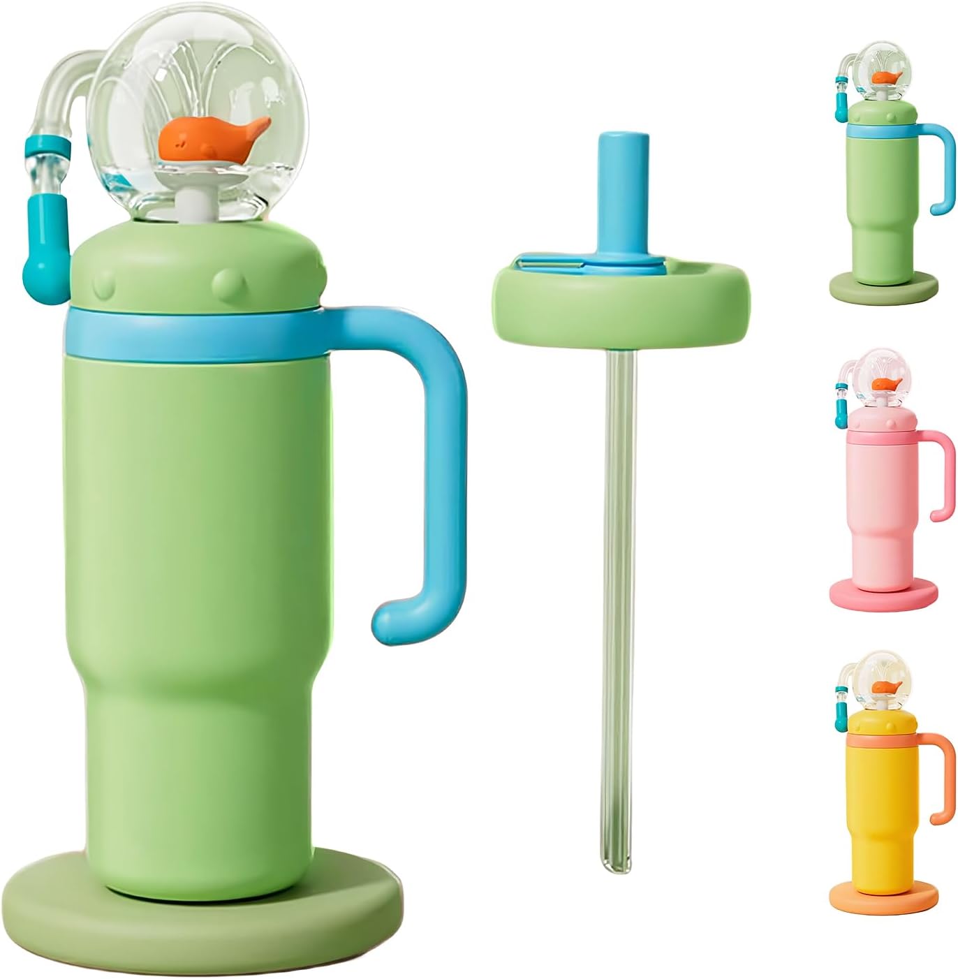 24 oz Insulated Whale Water Bottle with Two Soft Silicone Straws, Leakproof Lid and Handle