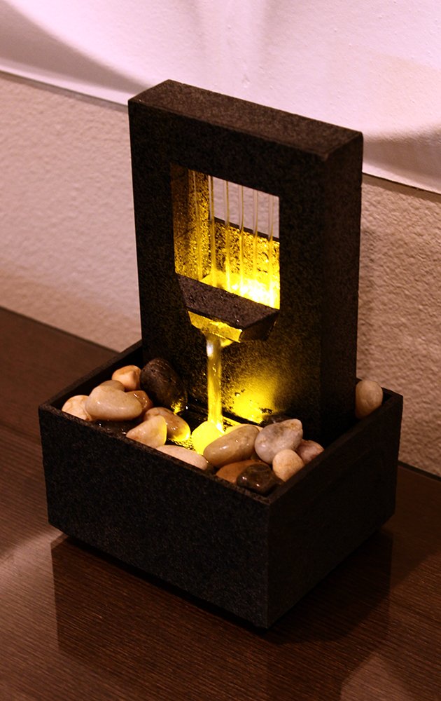 Slate Gray Tabletop Water Fountain with Amber LED – Dual Power Indoor & Patio Décor (Gray)