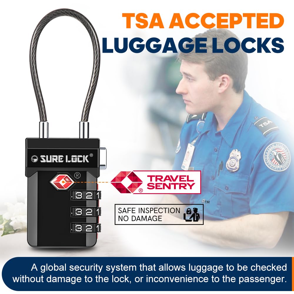 TSA Approved Cable Luggage Locks 2 Pack with Inspection Alert Indicator, 3 Digit Combination Travel Locks for Suitcases & Backpacks