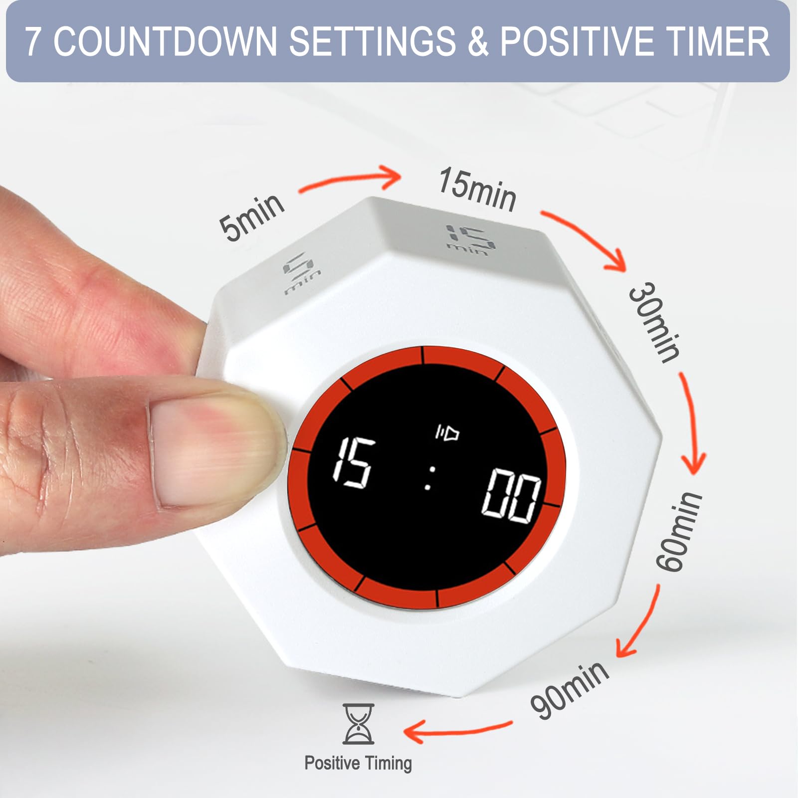 GUDOQI Octagon Pomodoro Timer with Gravity Flip, Visual Progress Bar & Adjustable Sound Alerts – White