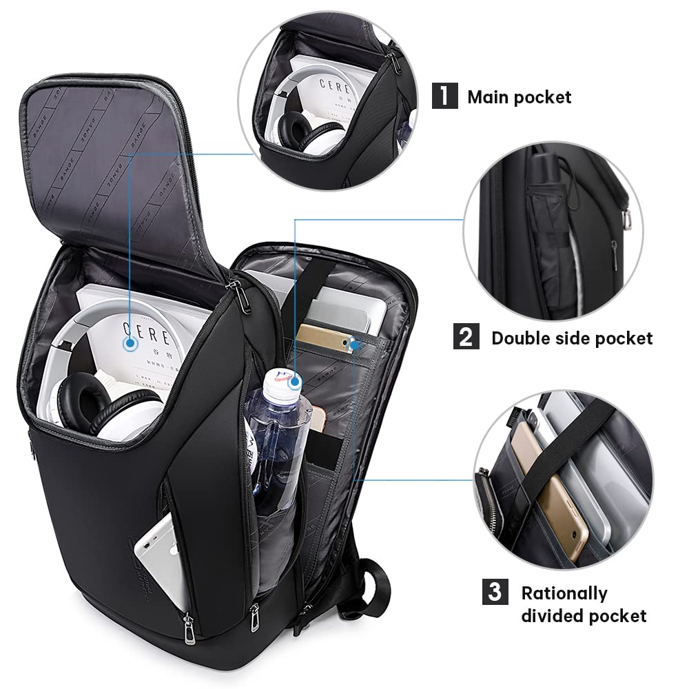 BANGE Waterproof Smart Laptop Backpack – 180° Open Business Travel Backpack with USB Charging Port for 15.6” Laptops (Black)