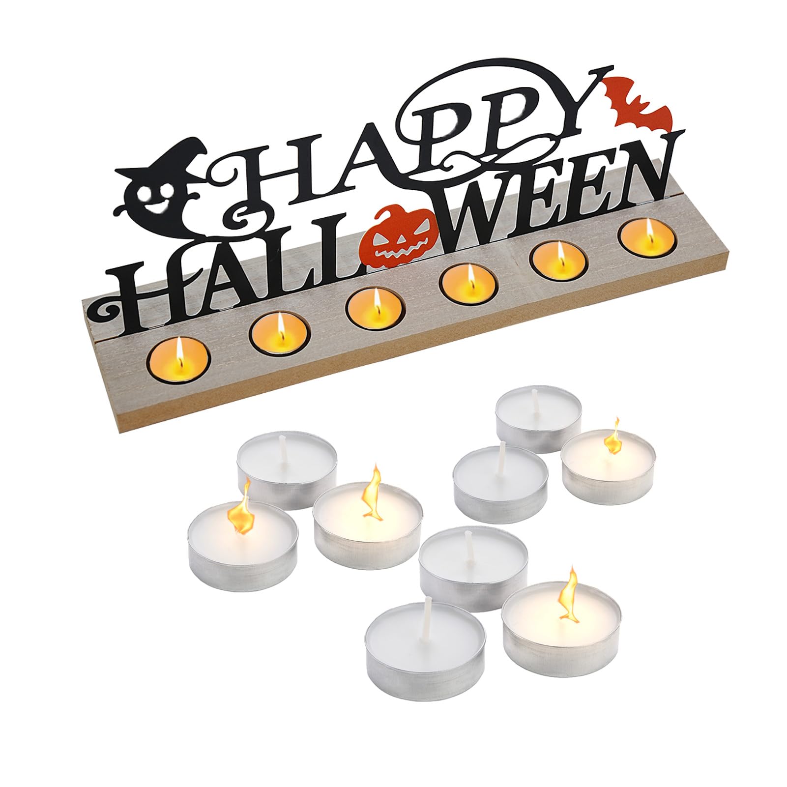 Happy Halloween Tabletop Sign with Wooden Base & 18 Tealights – Metal Pumpkin, Bat & Ghost Table Decor (Halloween Edition)