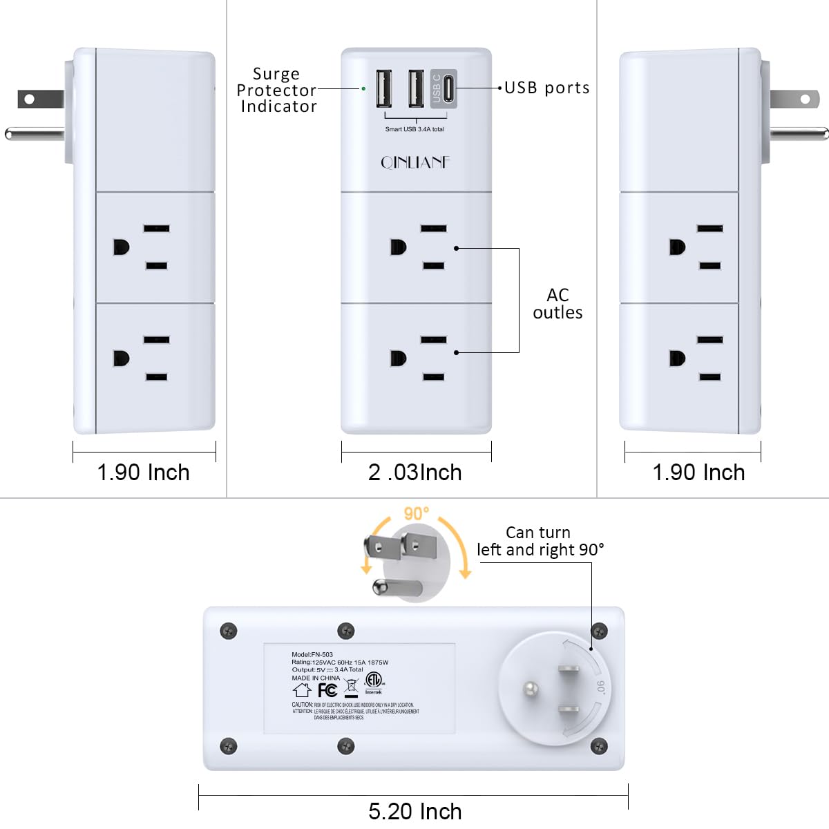 9-in-1 Rotating Power Outlet Extender with USB-C – Surge Protector Wall Charger with 6 AC Ports