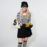 Women’s Classic Burglar Costume Set – Black & White Striped Halloween Outfit with Mask, Hat, Gloves & Coin Bag