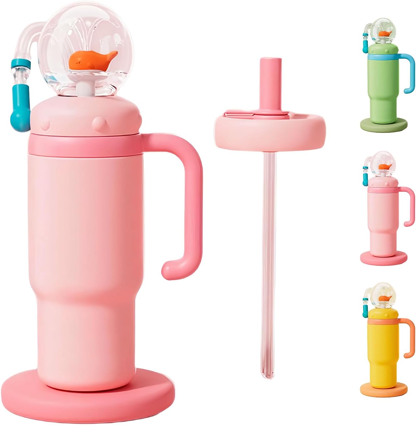 24 oz Insulated Whale Water Bottle with Two Soft Silicone Straws, Leakproof Lid and Handle