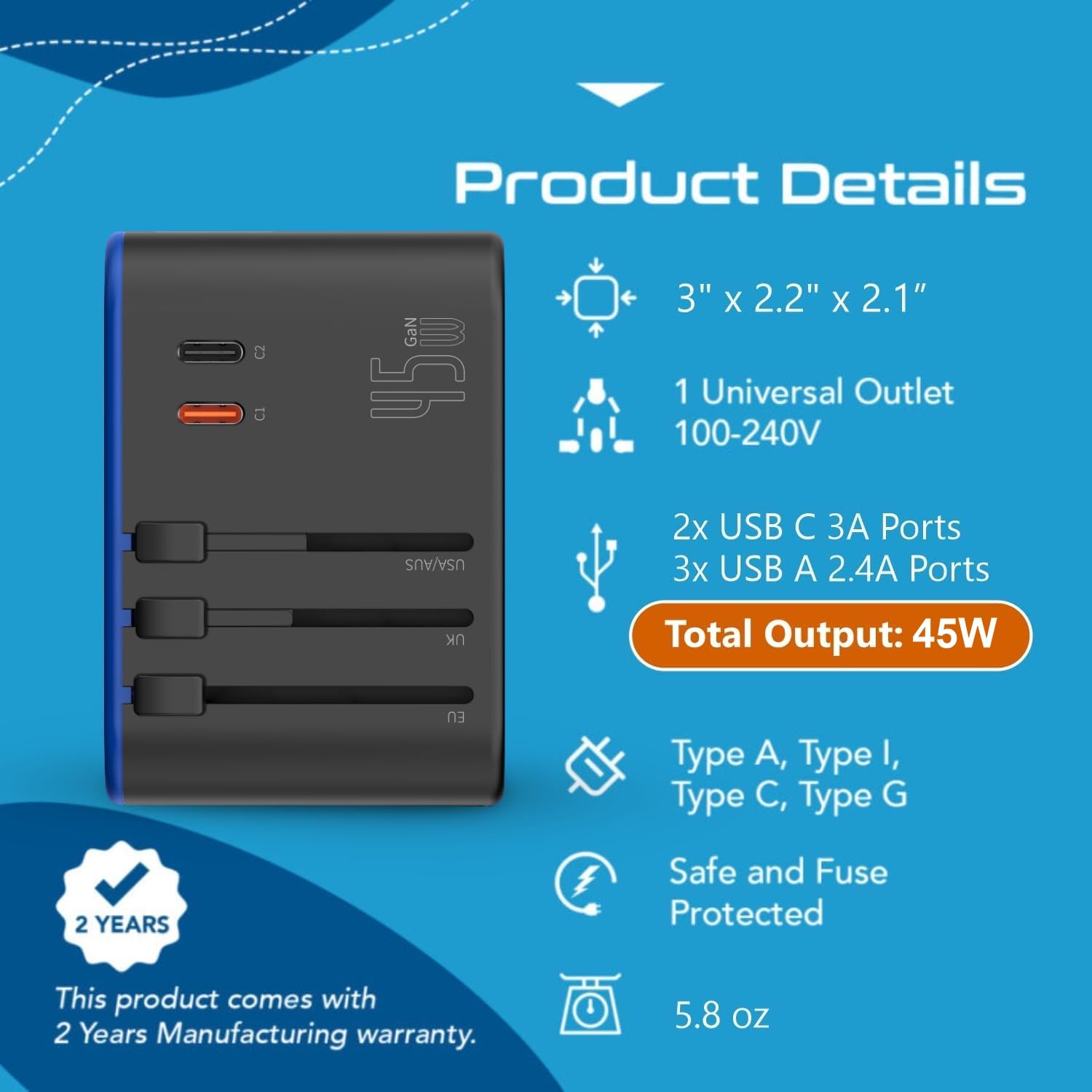 Universal Travel Power Adapter with USB-C & USB-A – Worldwide Plug Adapter for US, EU, UK, AU with 45W Fast Charging