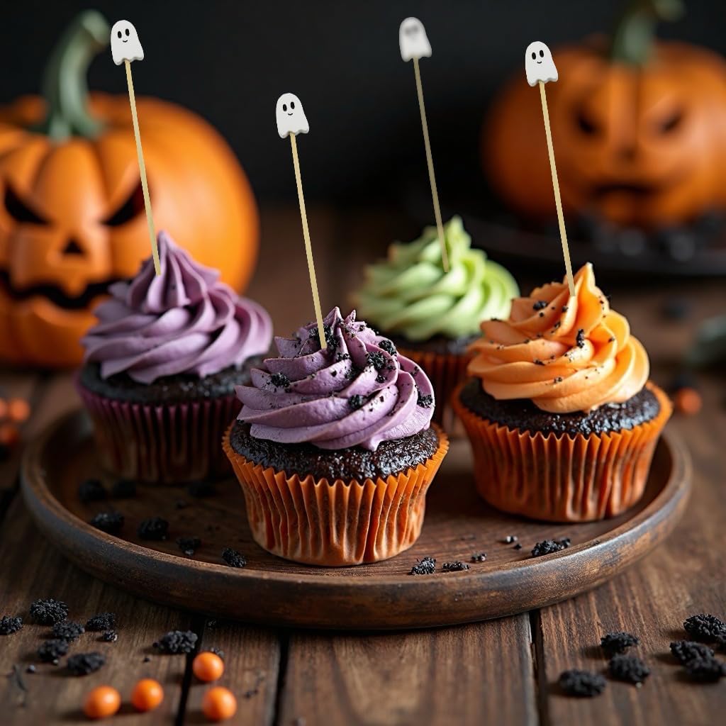 100Pcs Halloween Ghost Cocktail Picks – Pink & White Bamboo Toothpicks for Appetizers, Desserts & Party Snacks (4.92 Inches)