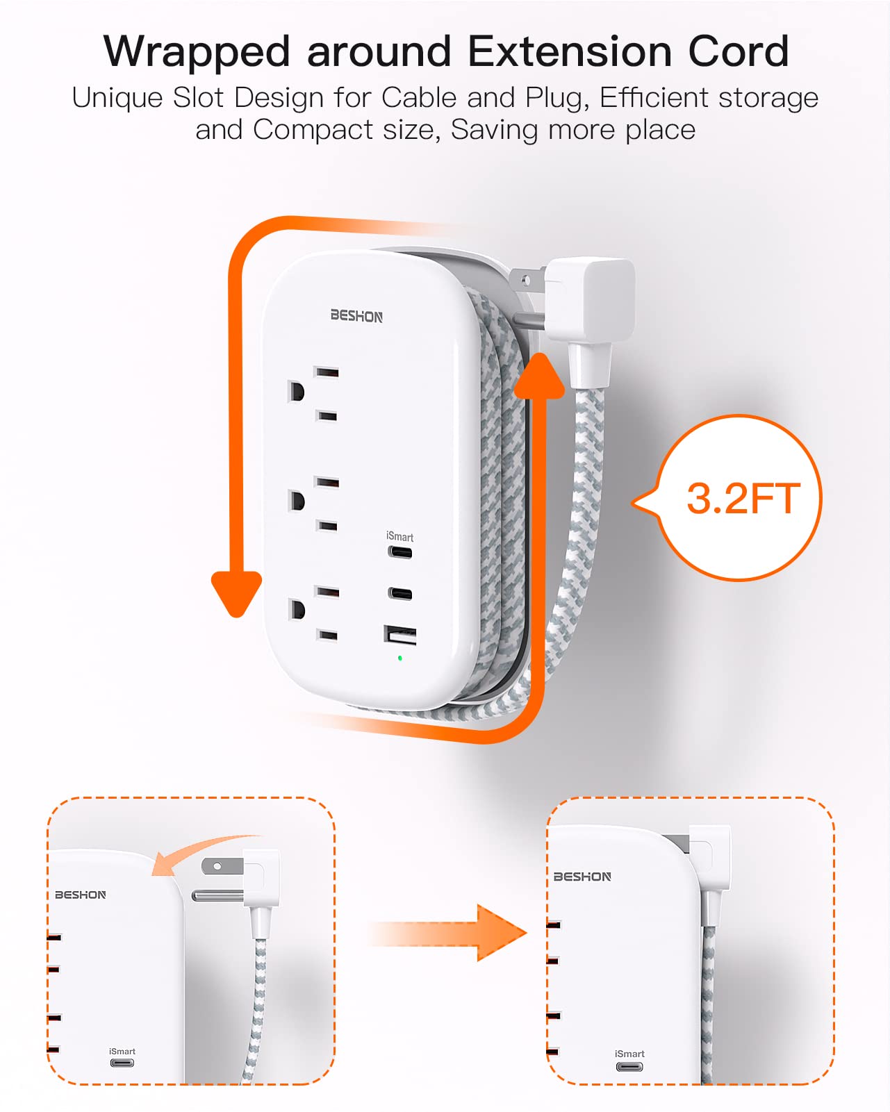 6-in-1 Travel Power Strip with USB-C – Flat Plug Extension Cord with 3 AC Outlets & 3 USB Ports