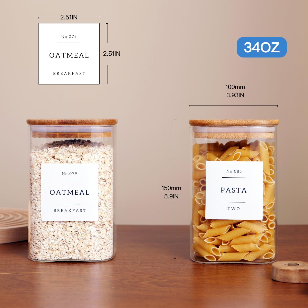 35oz Square Glass Pantry Storage Containers with Bamboo Lids – 6 Pack Airtight Kitchen Organizer Set