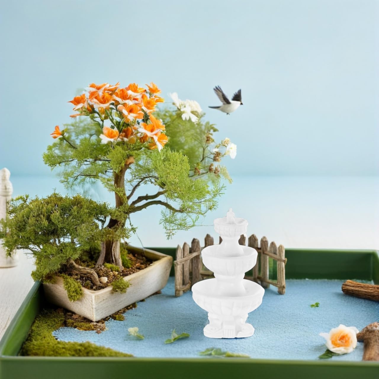 Miniature Micro Landscape Fountain Ornament – Plastic Dollhouse & Bonsai Decoration (White)