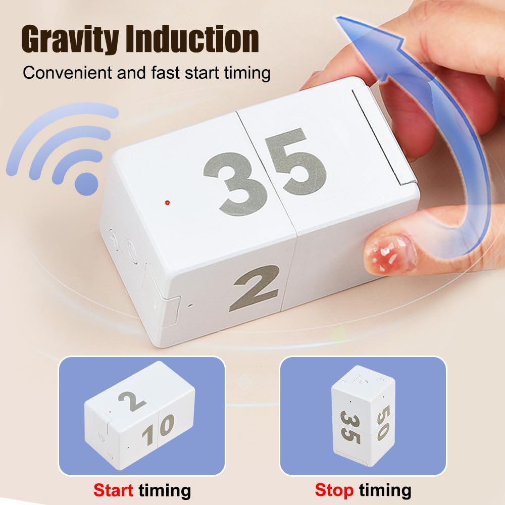 Pomodoro Timer Cube with Gravity Sensor, 10 Preset Flip Timers, Adjustable Volume & USB-C Rechargeable Design for Work, Study & Kitchen – White