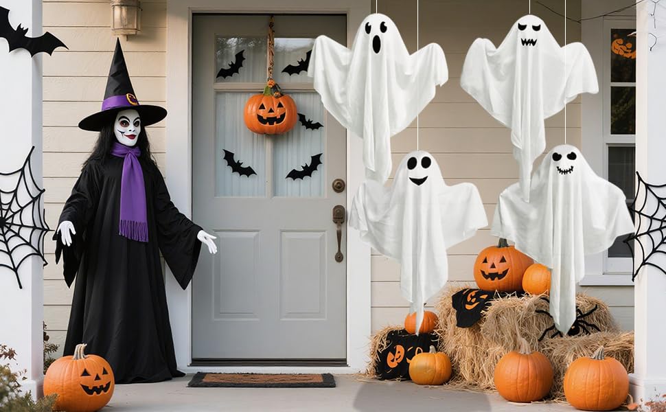 Blue LED Hanging Ghosts (4-Pack) – 27.5" Light-Up Halloween Decorations for Yard, Porch & Haunted House