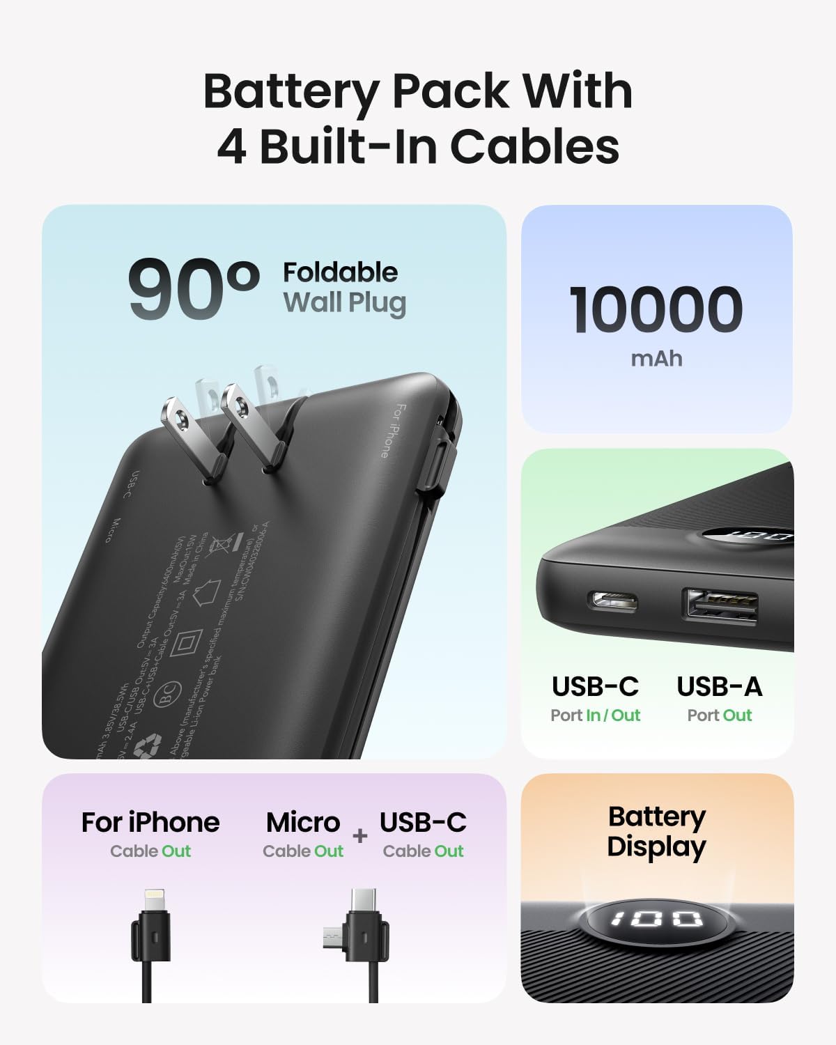 10000mAh Portable Power Bank with Foldable Wall Plug & Built-in Charging Cables