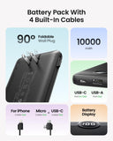 10000mAh Portable Power Bank with Foldable Wall Plug & Built-in Charging Cables