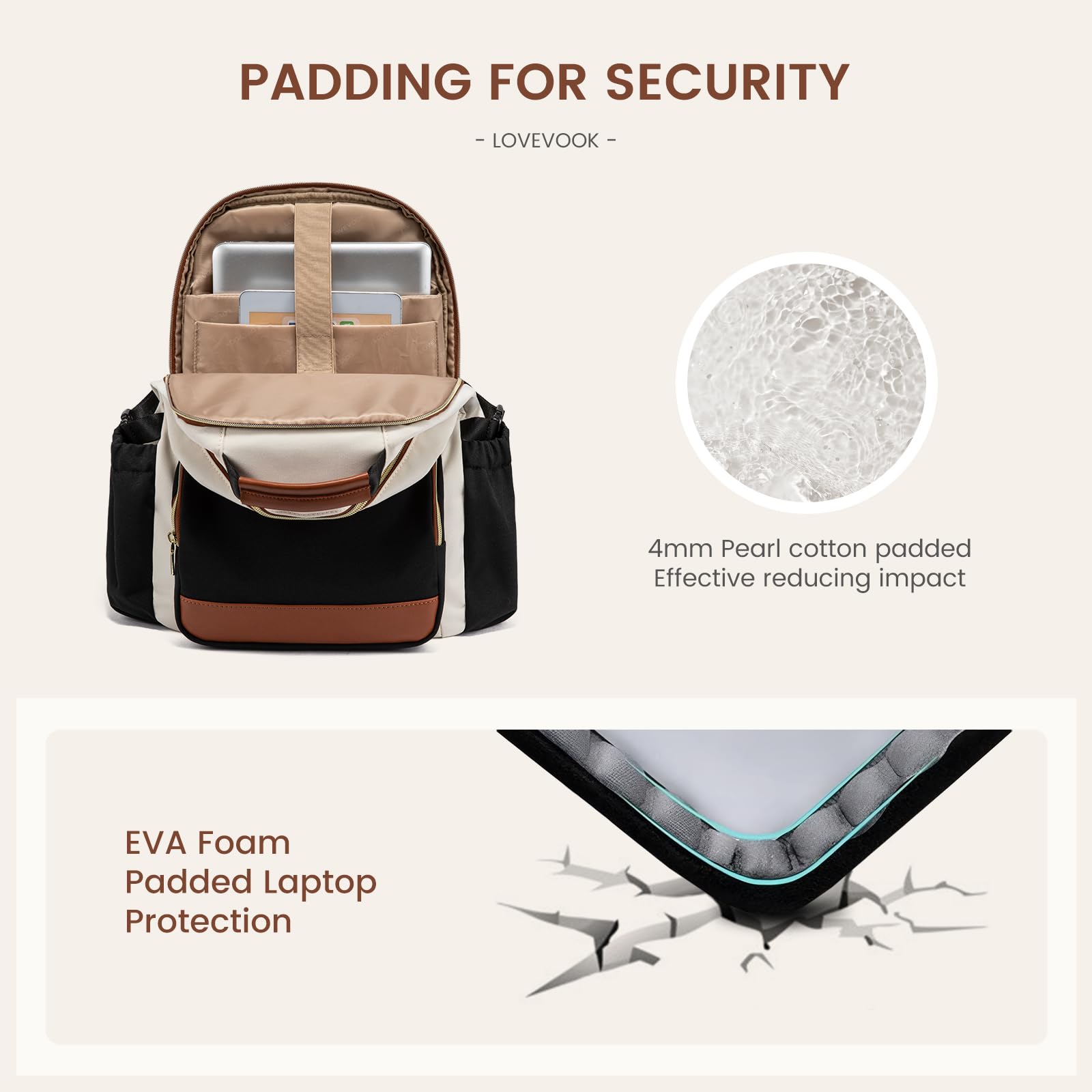 LOVEVOOK Women’s Laptop Backpack with Large Cup Pocket – Waterproof Work & Travel Backpack for 15.6″ Laptop (Beige Black Chestnut Brown)