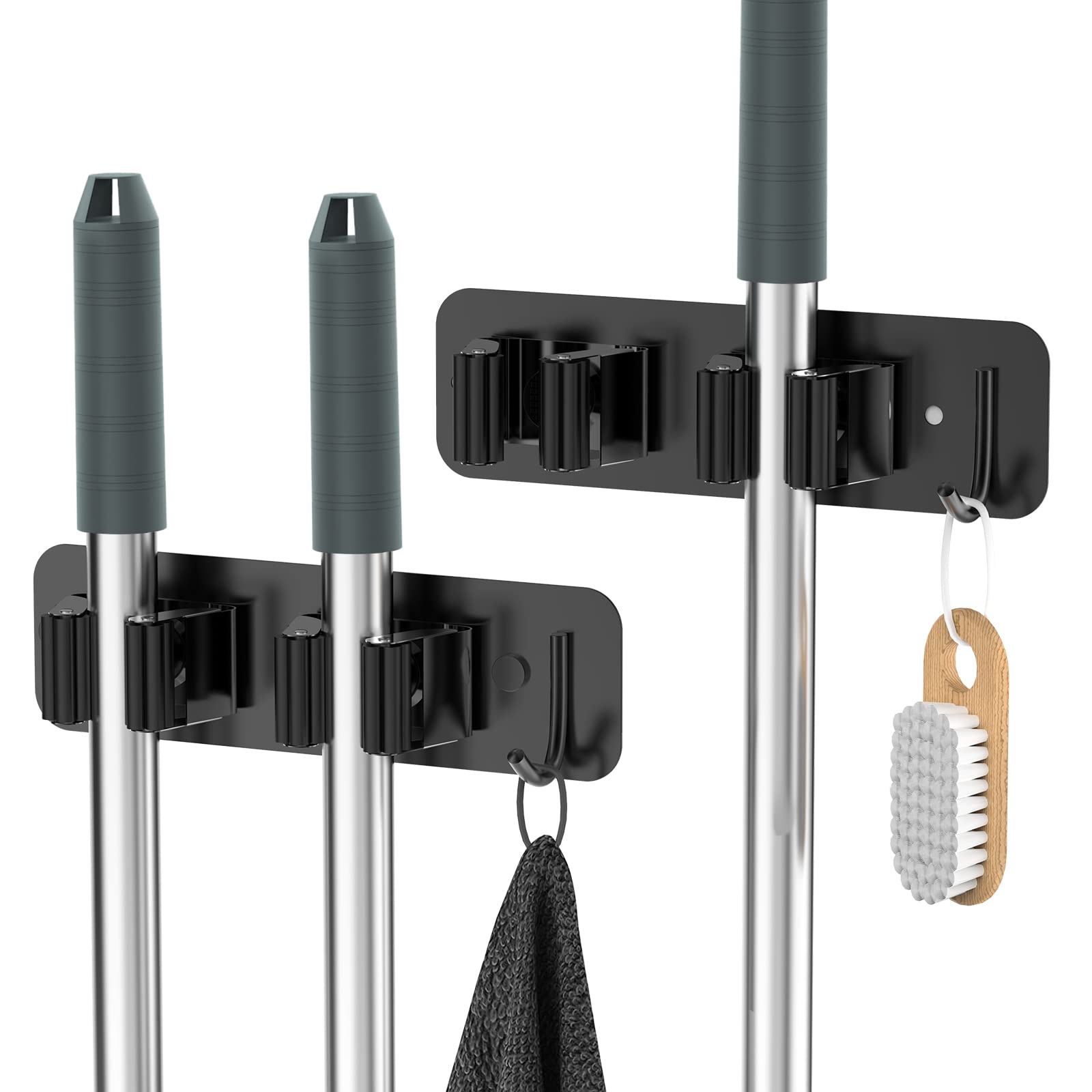 HOMEASY Wall-Mount Mop & Broom Holder – Heavy-Duty Stainless Steel Organizer with Hooks (Black, 2 Pack)