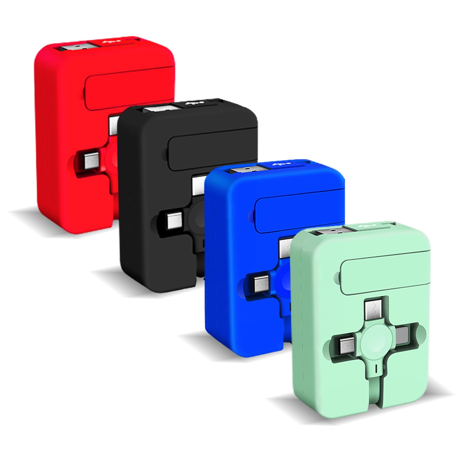 4 Pack 3-in-1 Retractable Charging Cable 3A Fast Charge & Data Sync Multi Connector USB Cable with Phone Stand Function – Red Blue Green Black