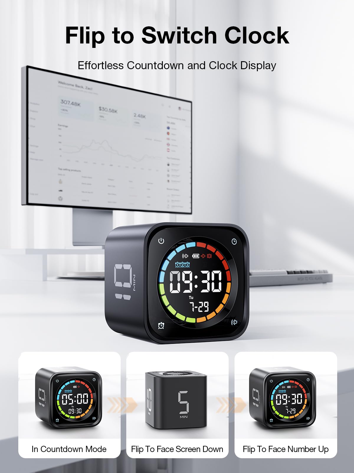 TK3 Pomodoro Timer Cube with Auto 25/5 Cycles, Flip Countdown, Stopwatch & Desk Clock, Rechargeable Focus Timer with Silent, Vibration & Sound Alerts – Black