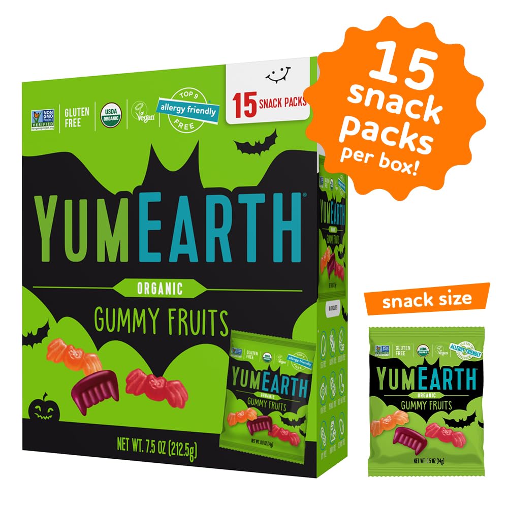YumEarth Organic Halloween Gummy Fruits – 15 Snack Packs, Allergy-Free & Non-GMO Fruit Candy (Strawberry, Cherry, Peach)
