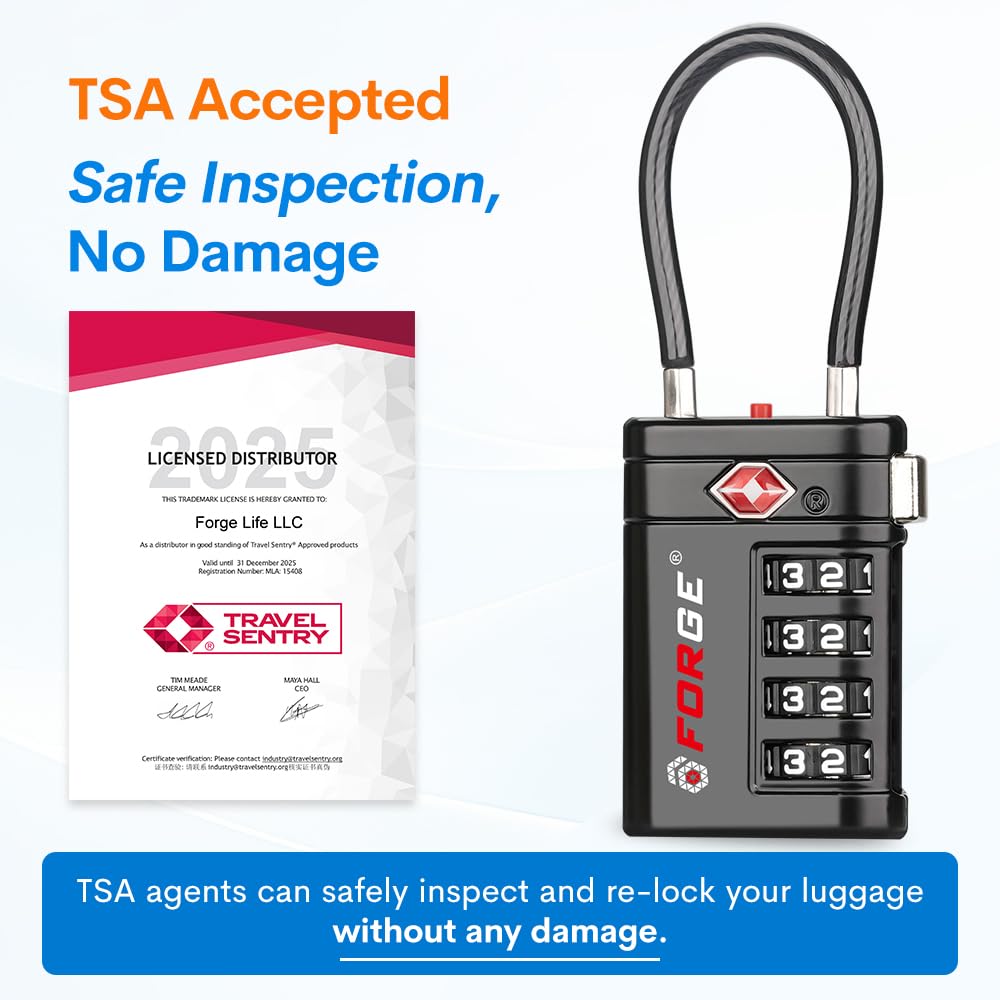 Forge Optimus TSA008 Cable Luggage Lock 2 Pack, Heavy Duty 4-Digit Combination Travel Security Lock with Open Alert Indicator