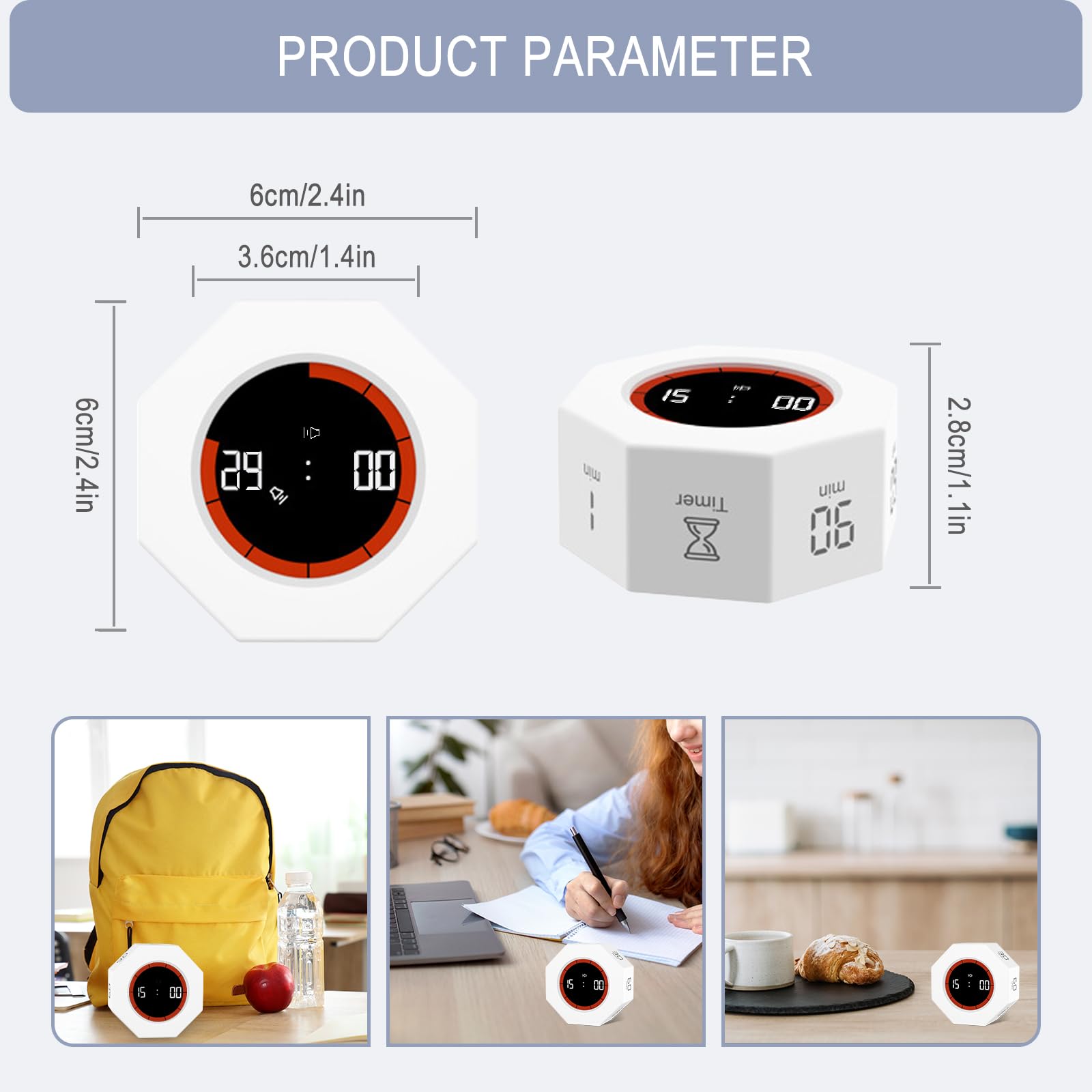GUDOQI Octagon Pomodoro Timer with Gravity Flip, Visual Progress Bar & Adjustable Sound Alerts – White